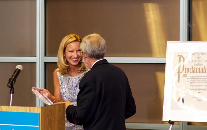 KRVC Execuitve Director Tracy McCabe presents award to Bob Bender, CB 8 Parks Committee Chair