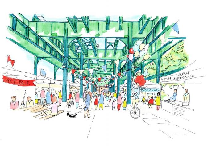 Sketch of proposed use for fenced-off space at Broadway Junction from the Under the Elevated: Reclaiming Space, Connecting Communities study by the Design Trust for Public Space. Image courtesy of DCP and the Design Trust for Public Space